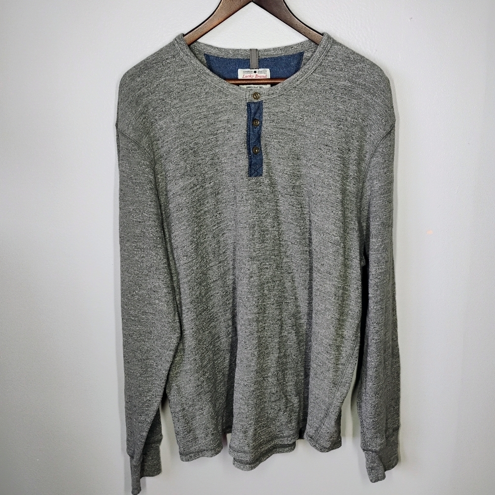 Lucky Brand Henley‎ Shirt Mens XXL Gray Waffle Knit Thermal Outdoors Classic